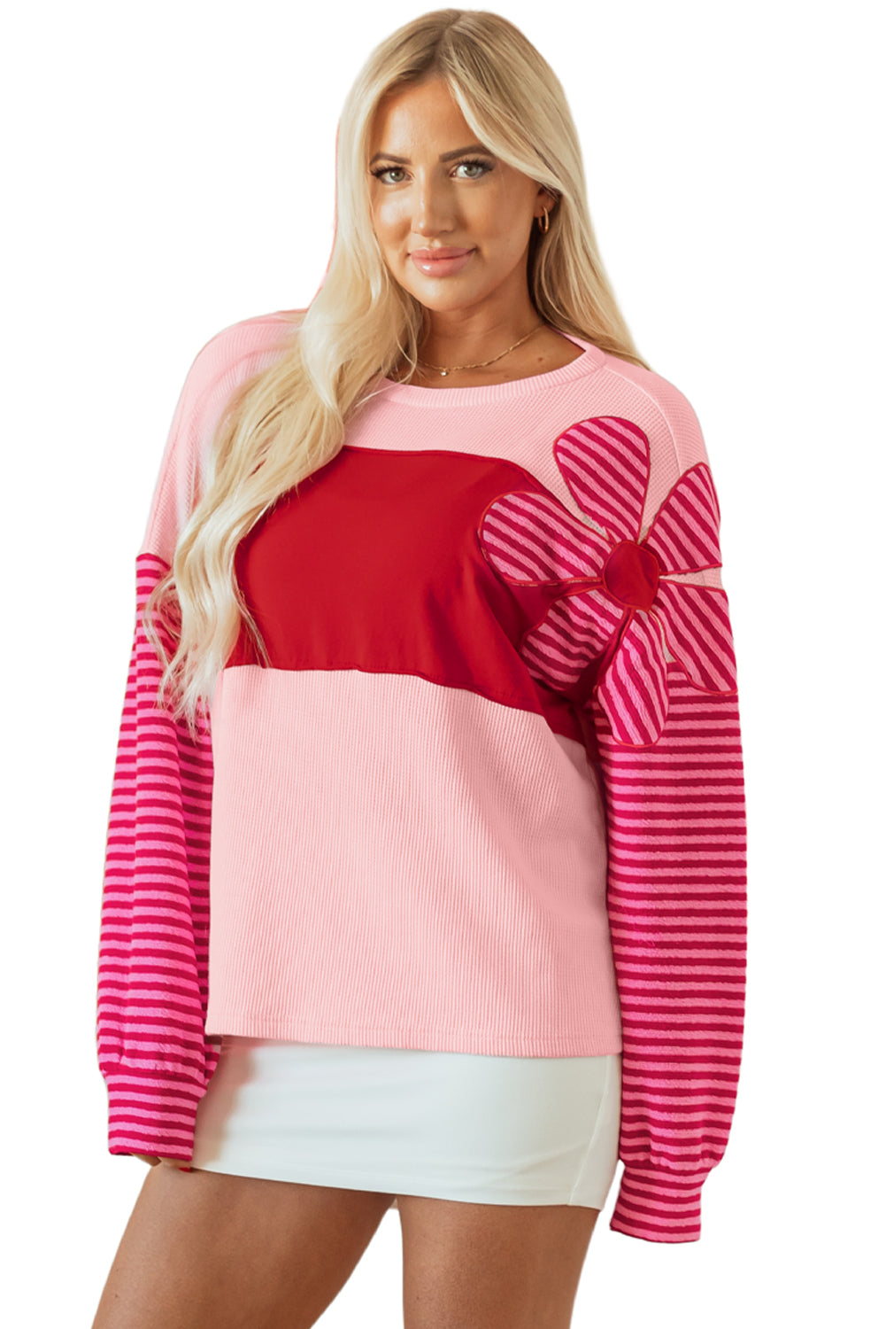 Color Block Pink Floral Textured Top with Striped Sleeves