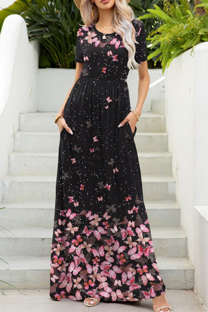 Printed Round Neck Short Sleeve Maxi Dress.