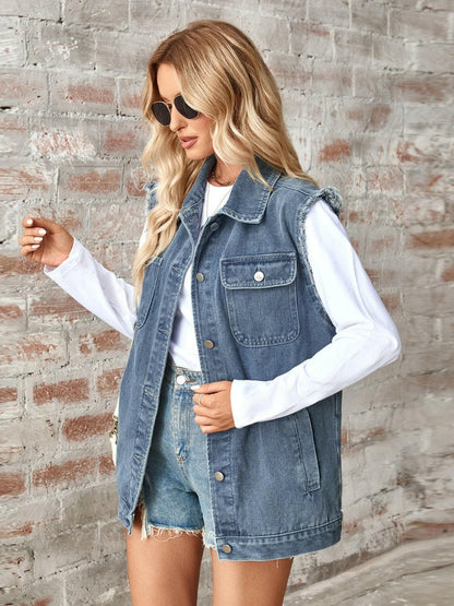 Raw Hem Sleeveless Button Up Denim Jacket.