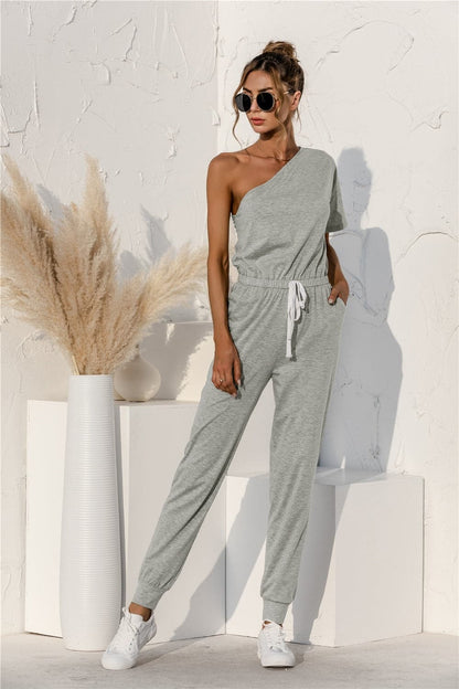 Single Shoulder Short Sleeve Jumpsuit.