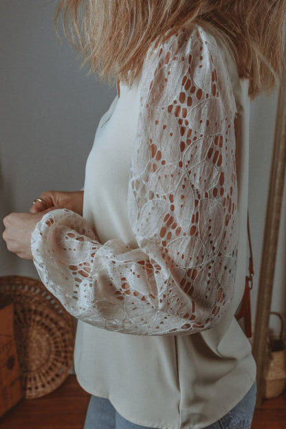 Lace-Embellished V-Neck Blouse with Balloon Sleeves