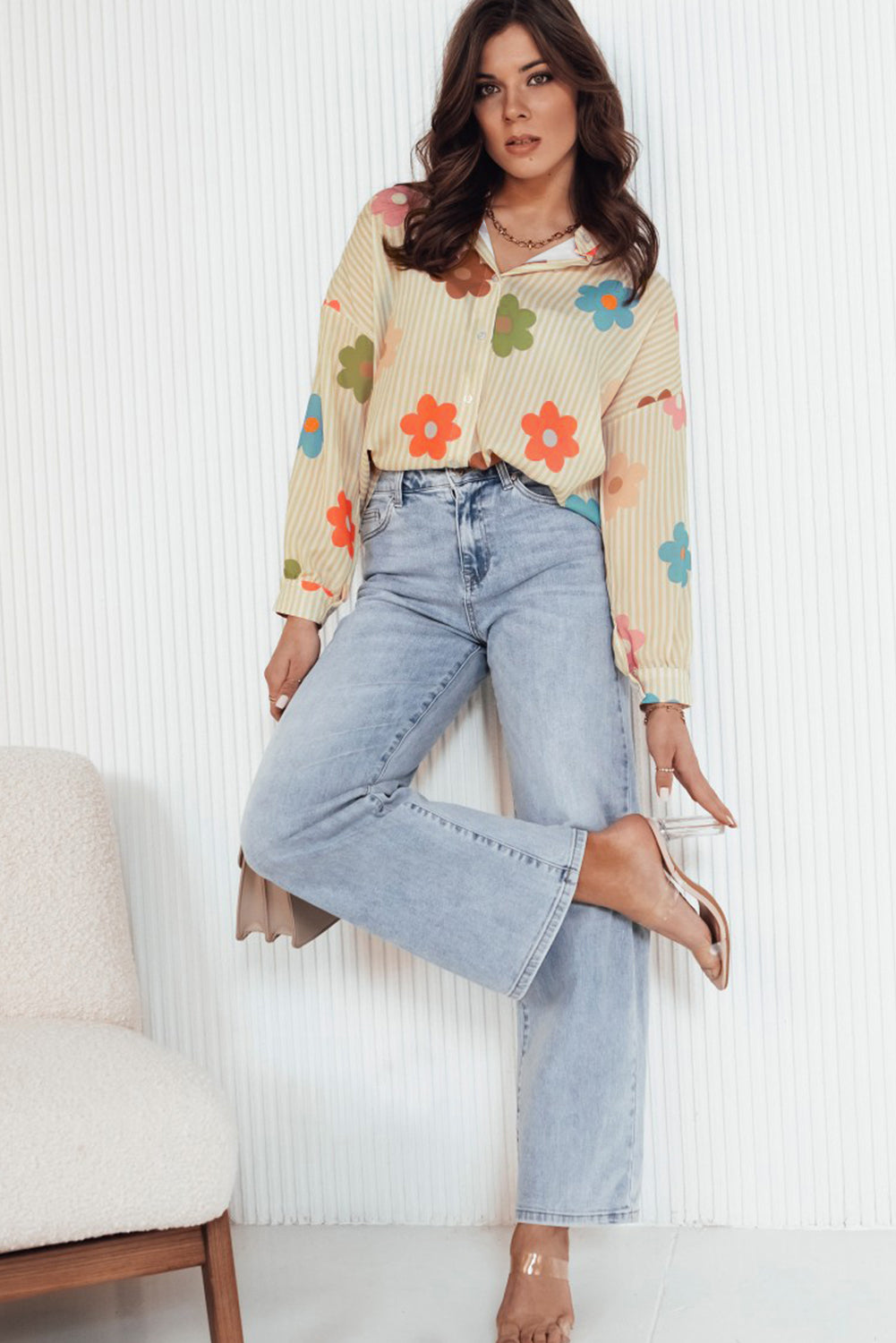 Apricot floral button-up shirt