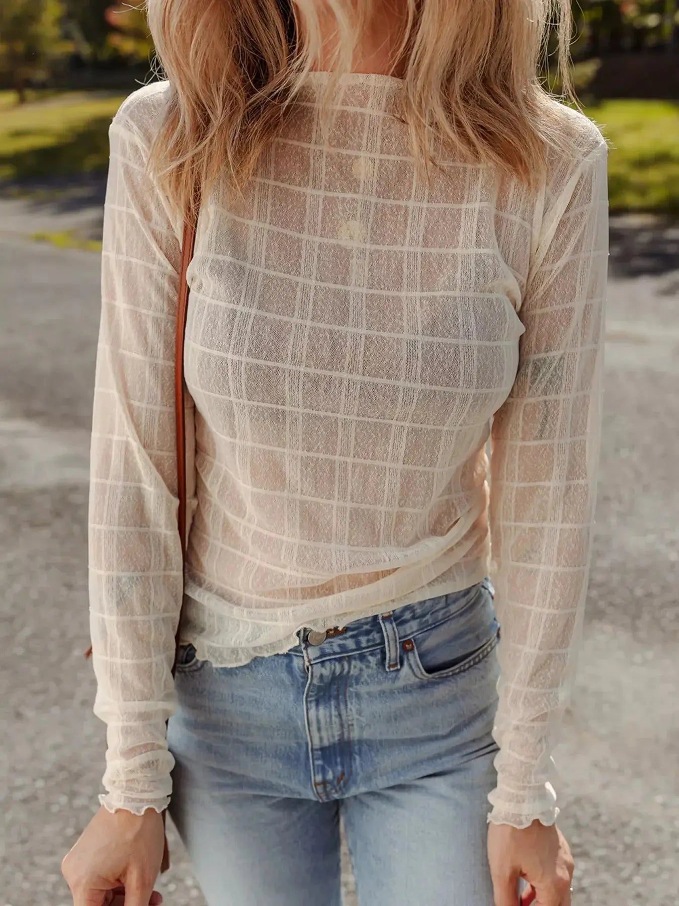Sheer Plaid Mesh Lettuce Trim Slim Fit Long Sleeve Top Simply Love