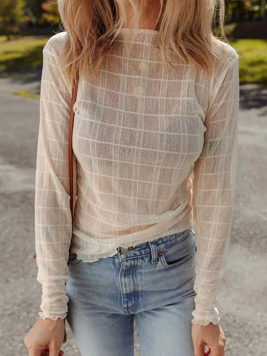 Sheer Plaid Mesh Lettuce Trim Slim Fit Long Sleeve Top Simply Love