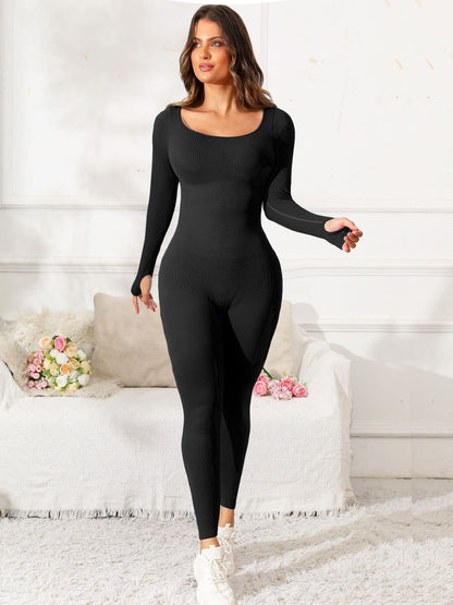 Scoop Neck Long Sleeve Active Jumpsuit.