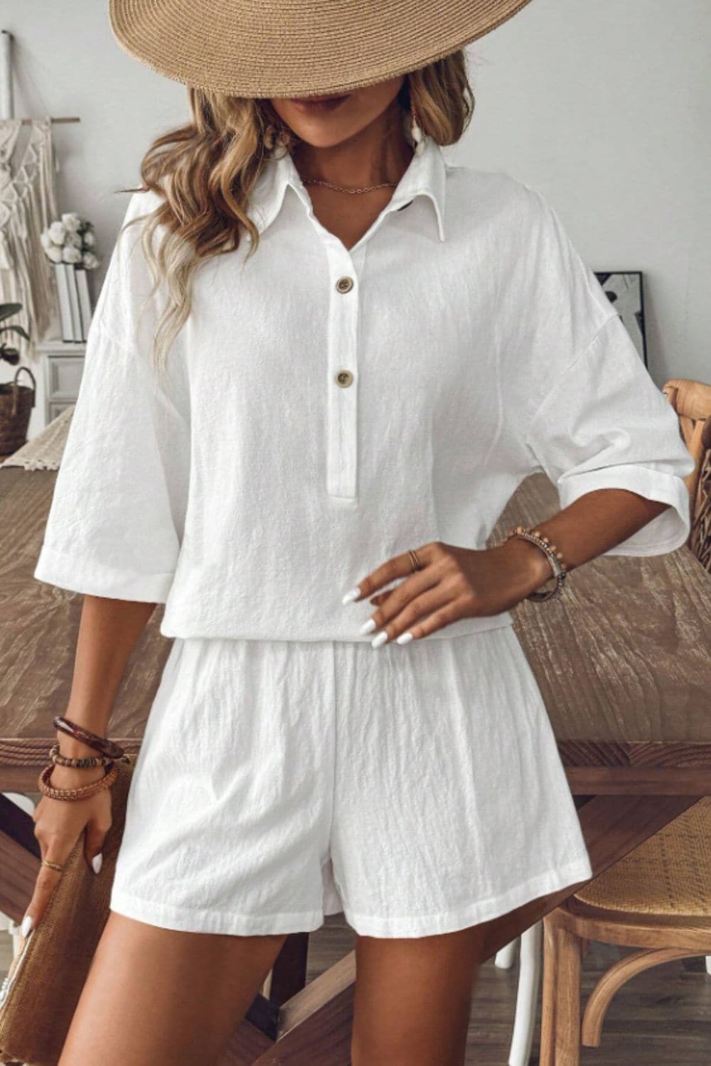 Collared Neck Half Sleeve Top and Shorts Set.