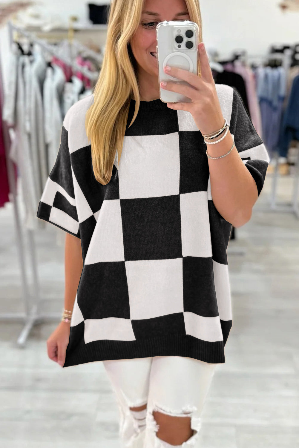 Black Checkered Pattern Loose Drop Shoulder Half Sleeve Knit Sweater For Women Dear-Lover Dropshipping
