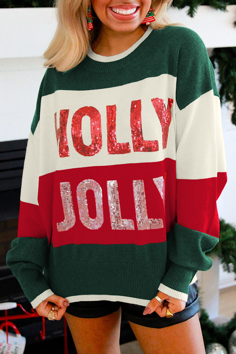 Green Sequined HOLLY JOLLY Color Block Crew Neck Sweater Dear-Lover Dropshipping