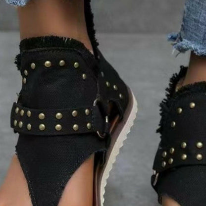 Rivet Detail Frayed Edge Slide Sandals.