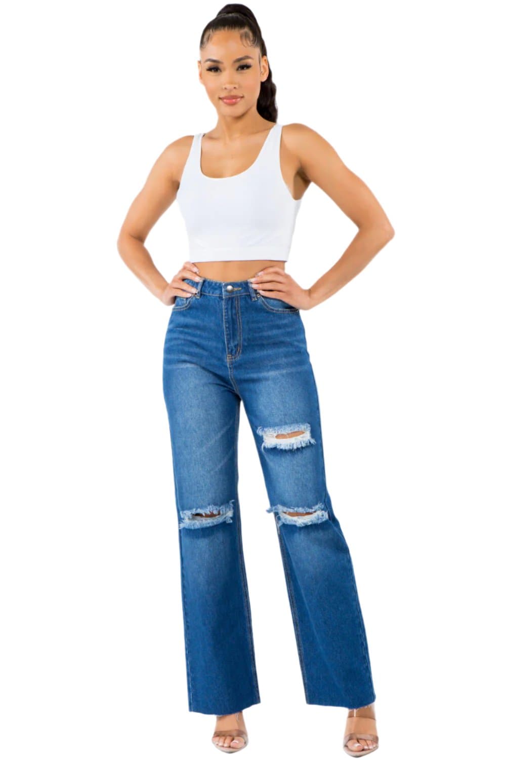 American Bazi High Waist Distressed Wide Leg Jeans.