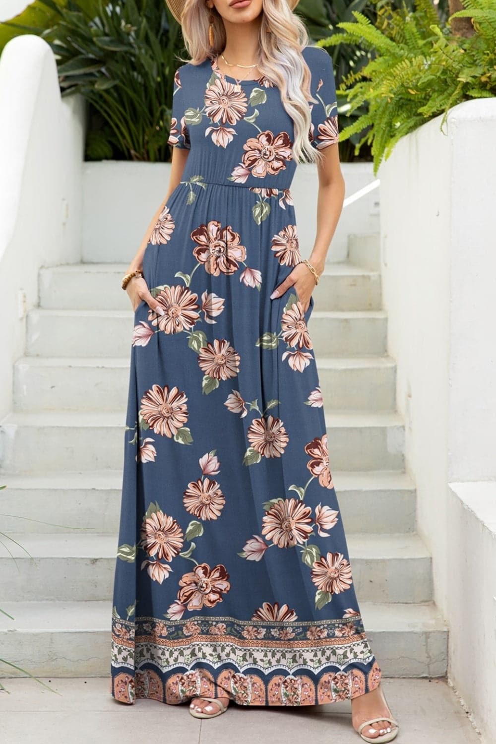 Printed Round Neck Short Sleeve Maxi Dress.