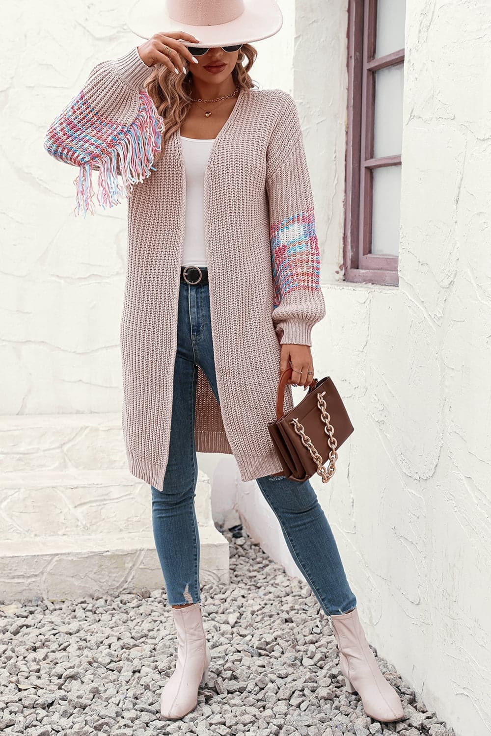 Fringe Sleeve Dropped Shoulder Cardigan.