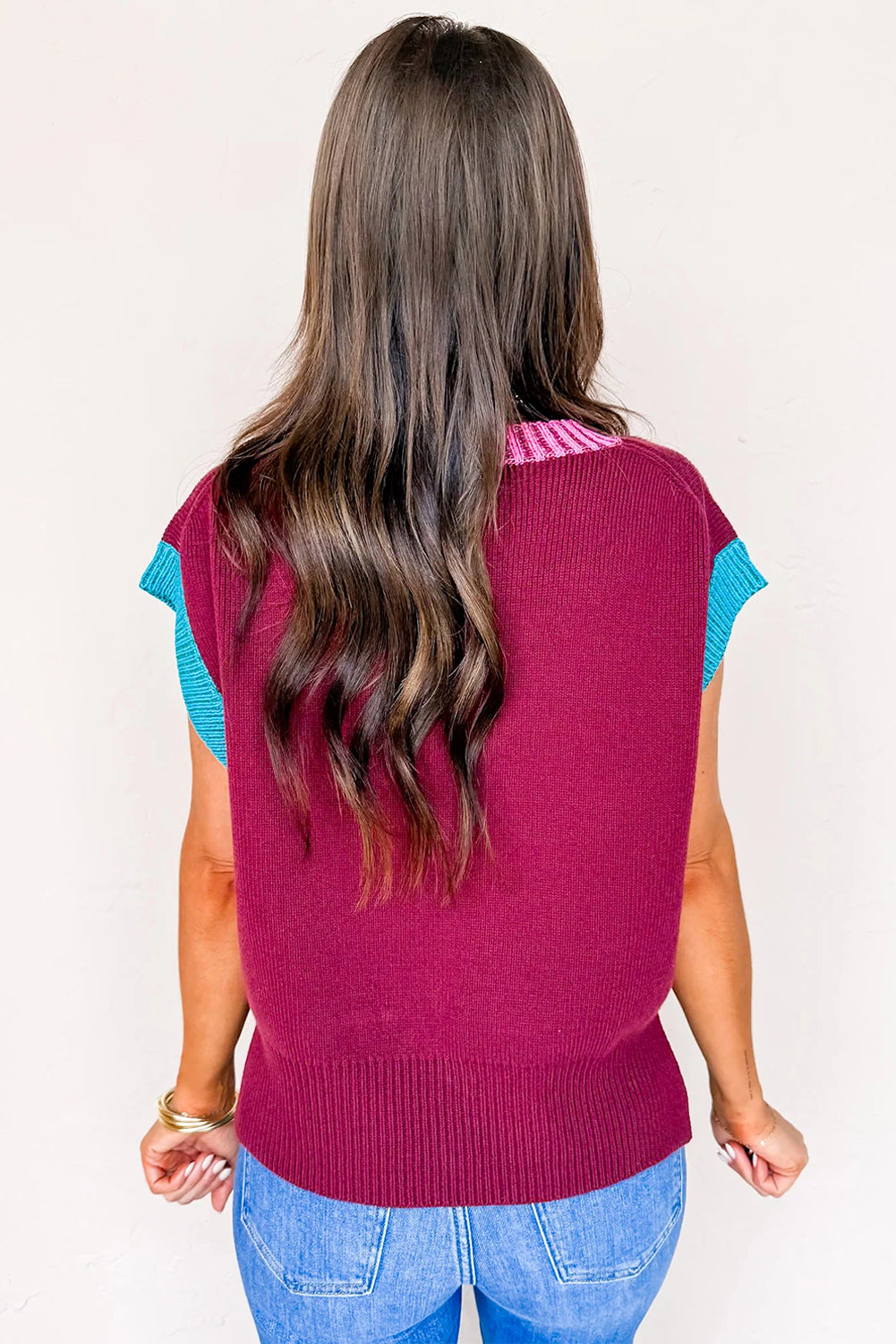 Burgundy Contrast Trim V Neck Short Sleeve Loose Sweater
