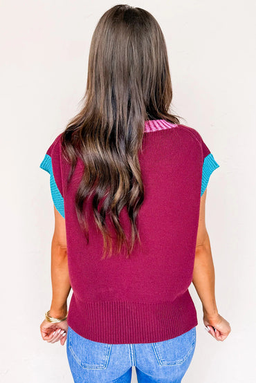 Burgundy Contrast Trim V Neck Short Sleeve Loose Sweater