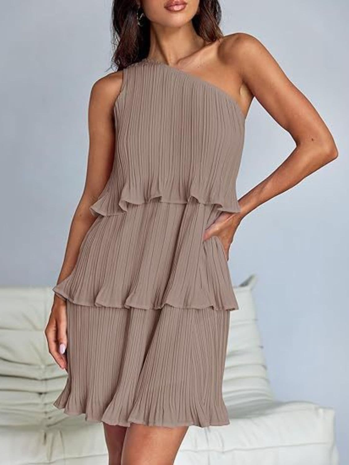 Layered Single Shoulder Mini Dress.