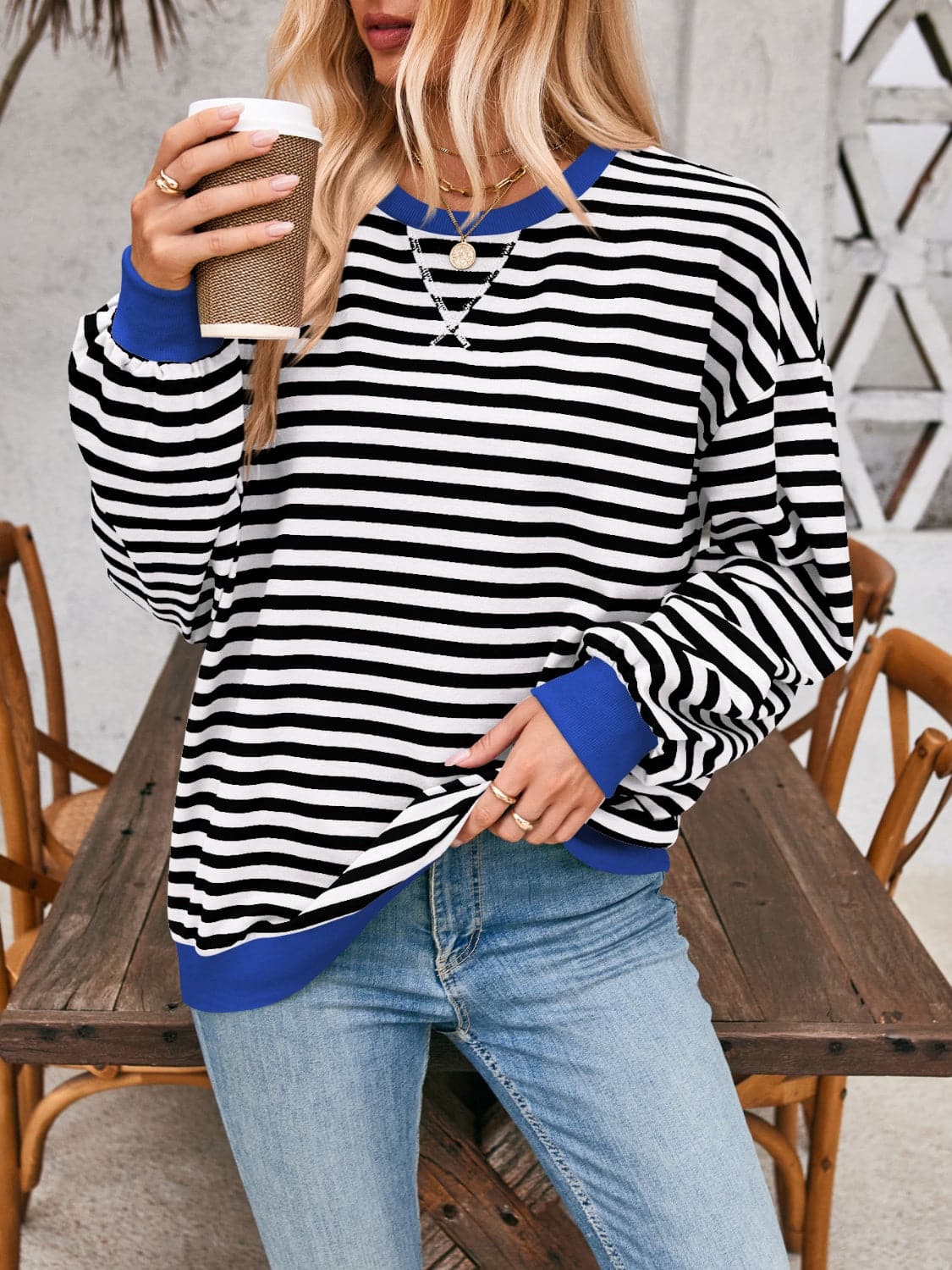 Contrast Striped Long Sleeve Sweatshirt.