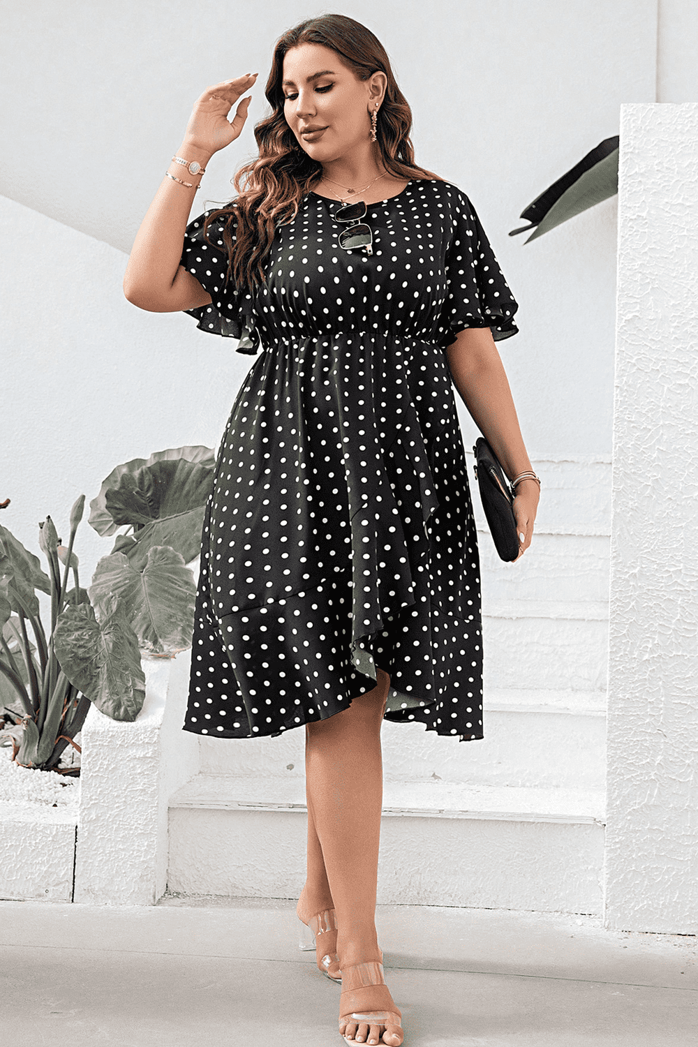 Plus Size Polka Dot Flutter Sleeve Dress.