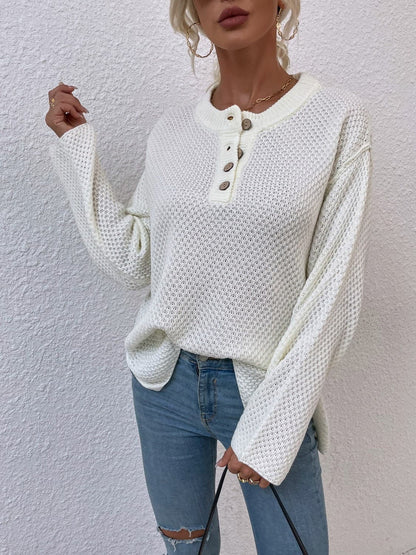 Quarter-Button Slit Sweater.