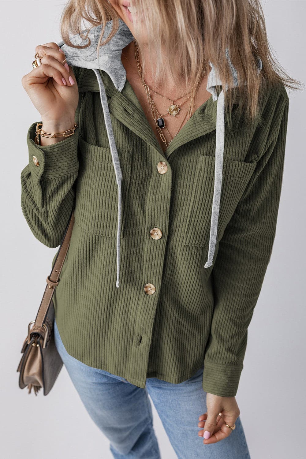 Drawstring Button Up Long Sleeve Hooded Jacket.