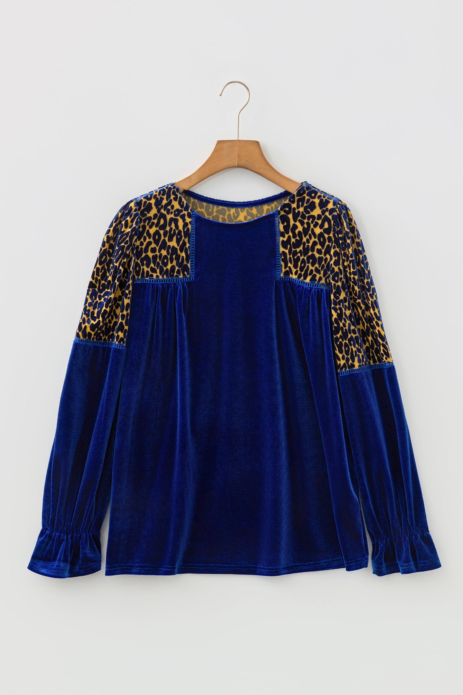 Sky Blue Leopard Patchwork Velvet Blouse with Flounce Sleeve Dear-Lover Dropshipping