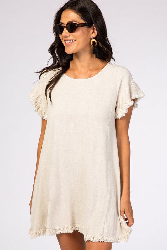 Beige Linen Dress With Fringed Trim Short Sleeves Pockets PinkBlush