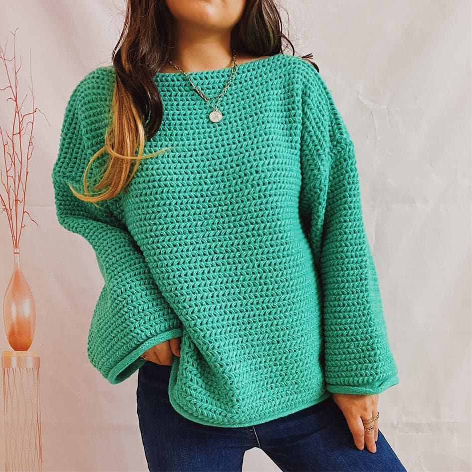 Openwork Boat Neck Long Sleeve Sweater.