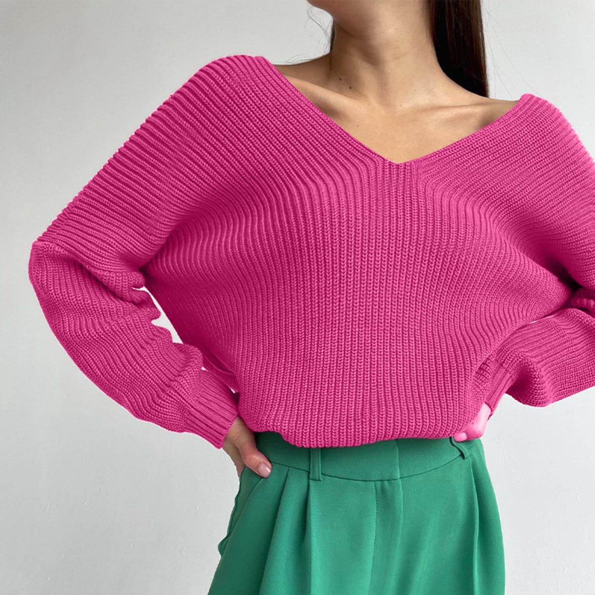 V-Neck Dropped Shoulder Long Sleeve Sweater.