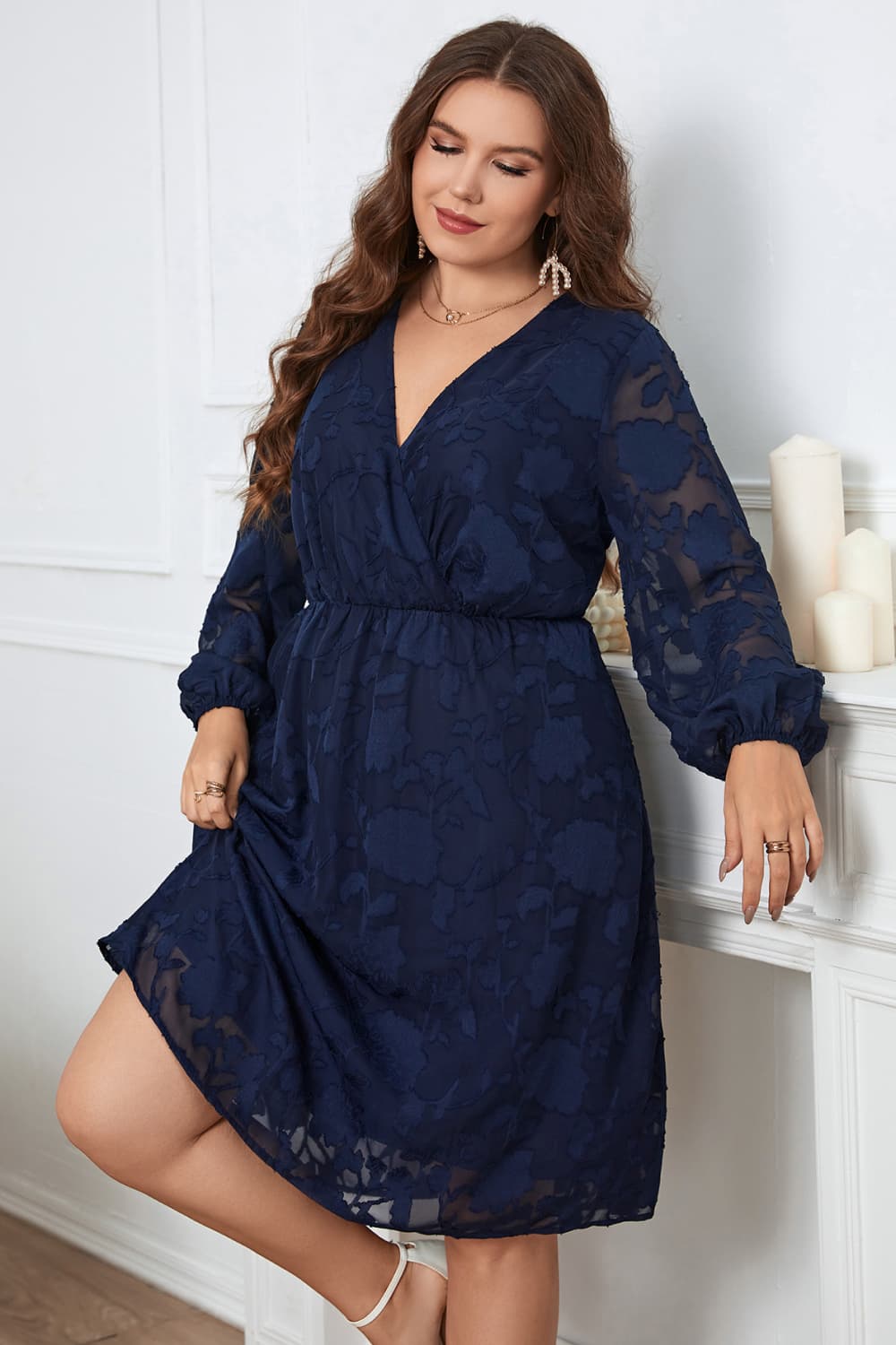 Melo Apparel Plus Size Surplice Neck Balloon Sleeve Dress.