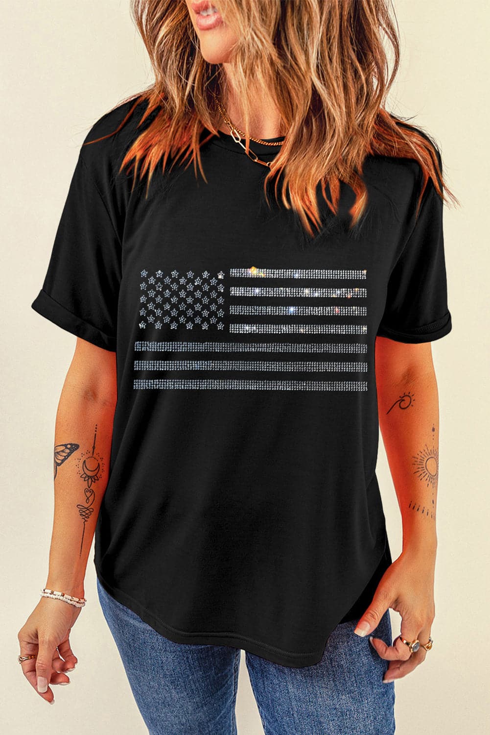 Rhinestone US Flag Round Neck Short Sleeve T-ShirtRhinestone US Flag Round Neck Short Sleeve T-Shirt

Show your patriotic spirit with this stunning Rhinestone US Flag Round Neck Short Sleeve T-Shirt. Perfect for casLove Salve Flag Round Neck Short SleeveT-Shirts