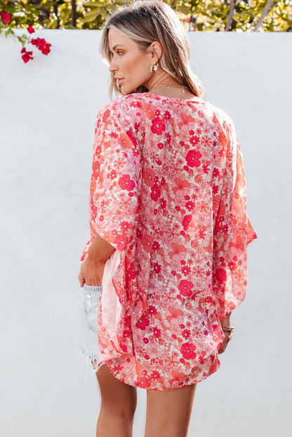 Pink floral boho kimono-style blouse with V neckline