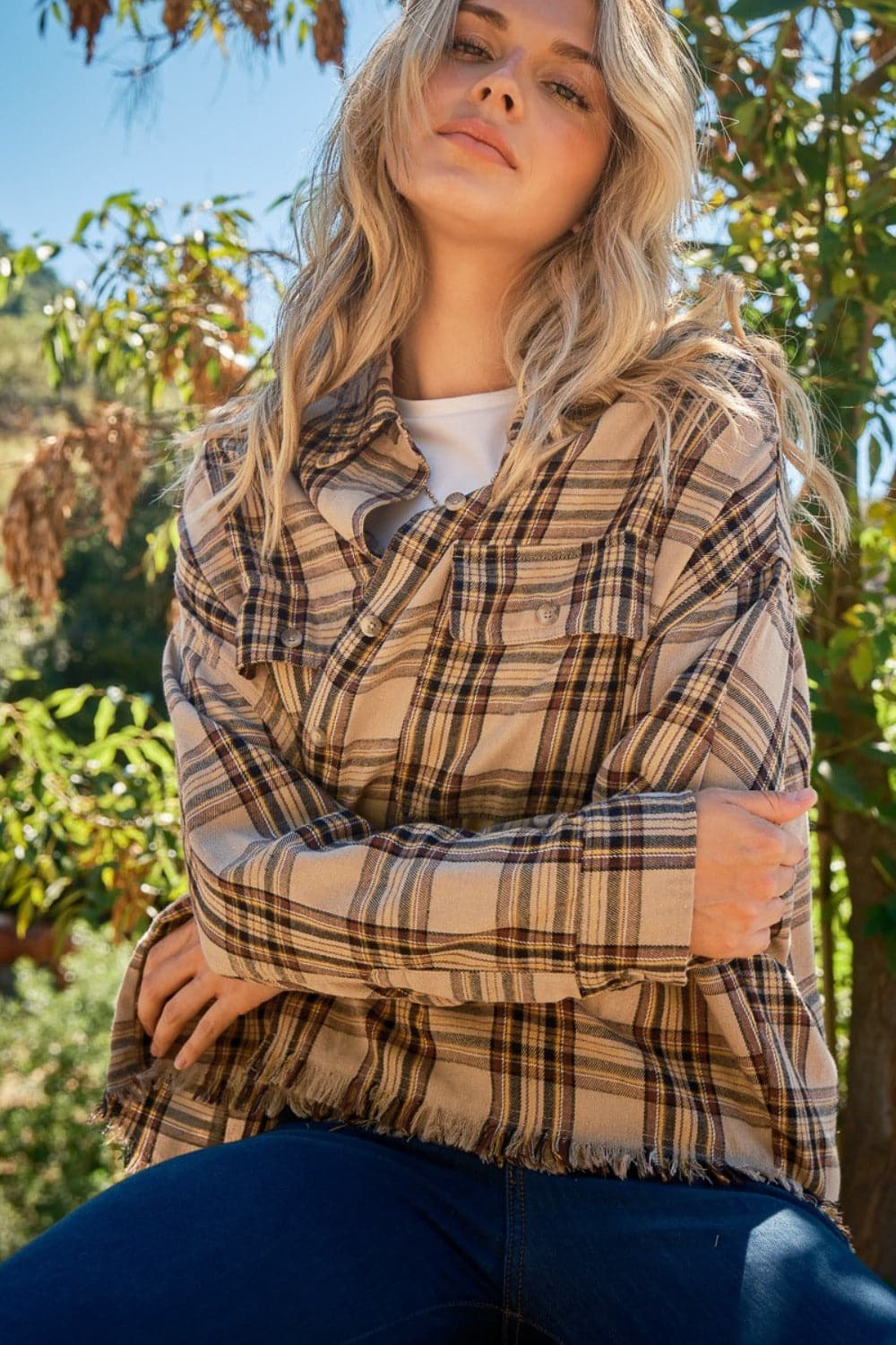 And The Why Full Size Button Up Raw Hem Plaid Shirt.