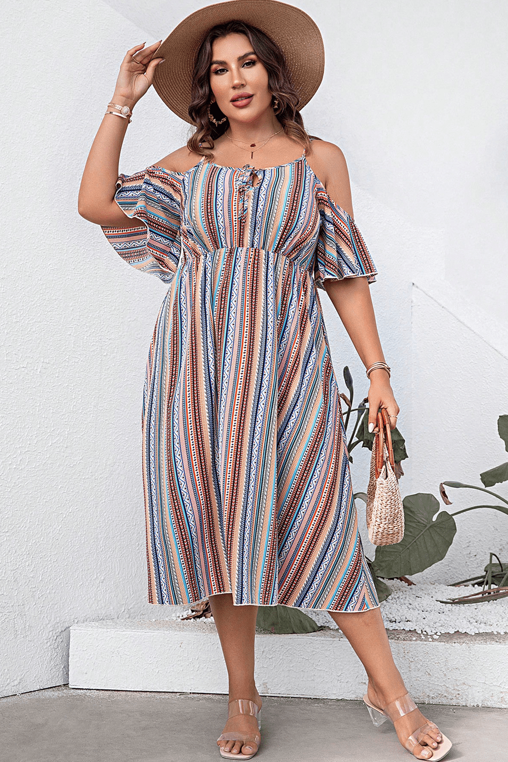 Plus Size Striped Cold-Shoulder Dress.