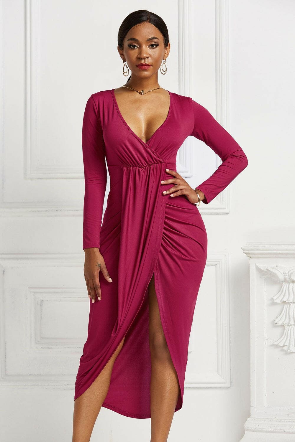 High-low Ruched Surplice Long Sleeve Dress.