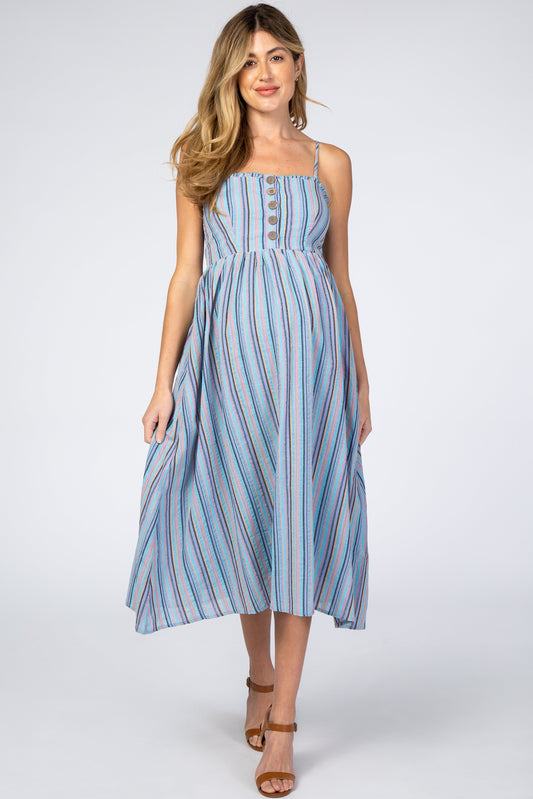 Blue Purple Striped Maternity Midi Dress With Button Front Pockets PinkBlush