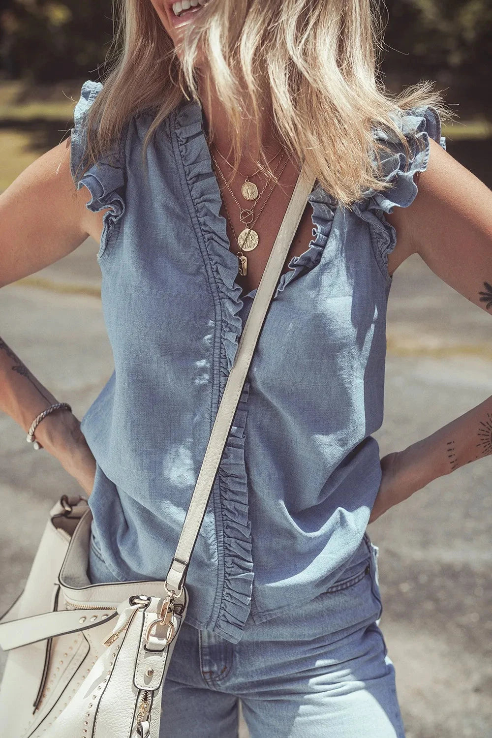 Frilly Ruffle Trim V Neck Chambray Tank Simply Love