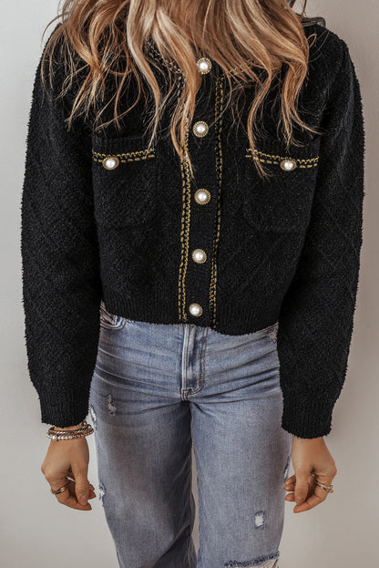 Glamorous Black Button-Up Cardigan with Flap Pockets