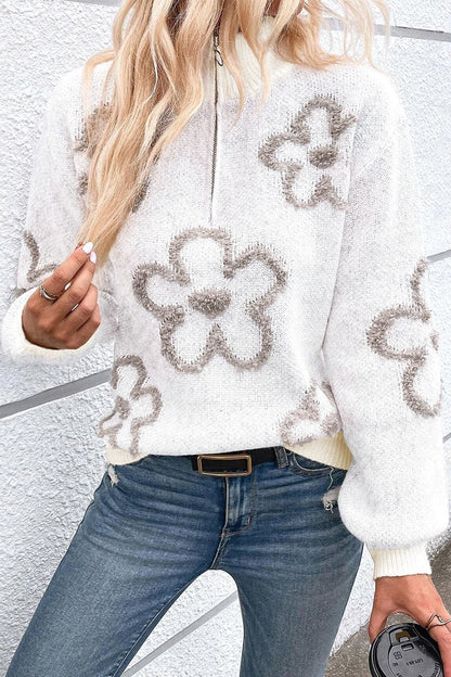 Floral half zip slouchy sweater