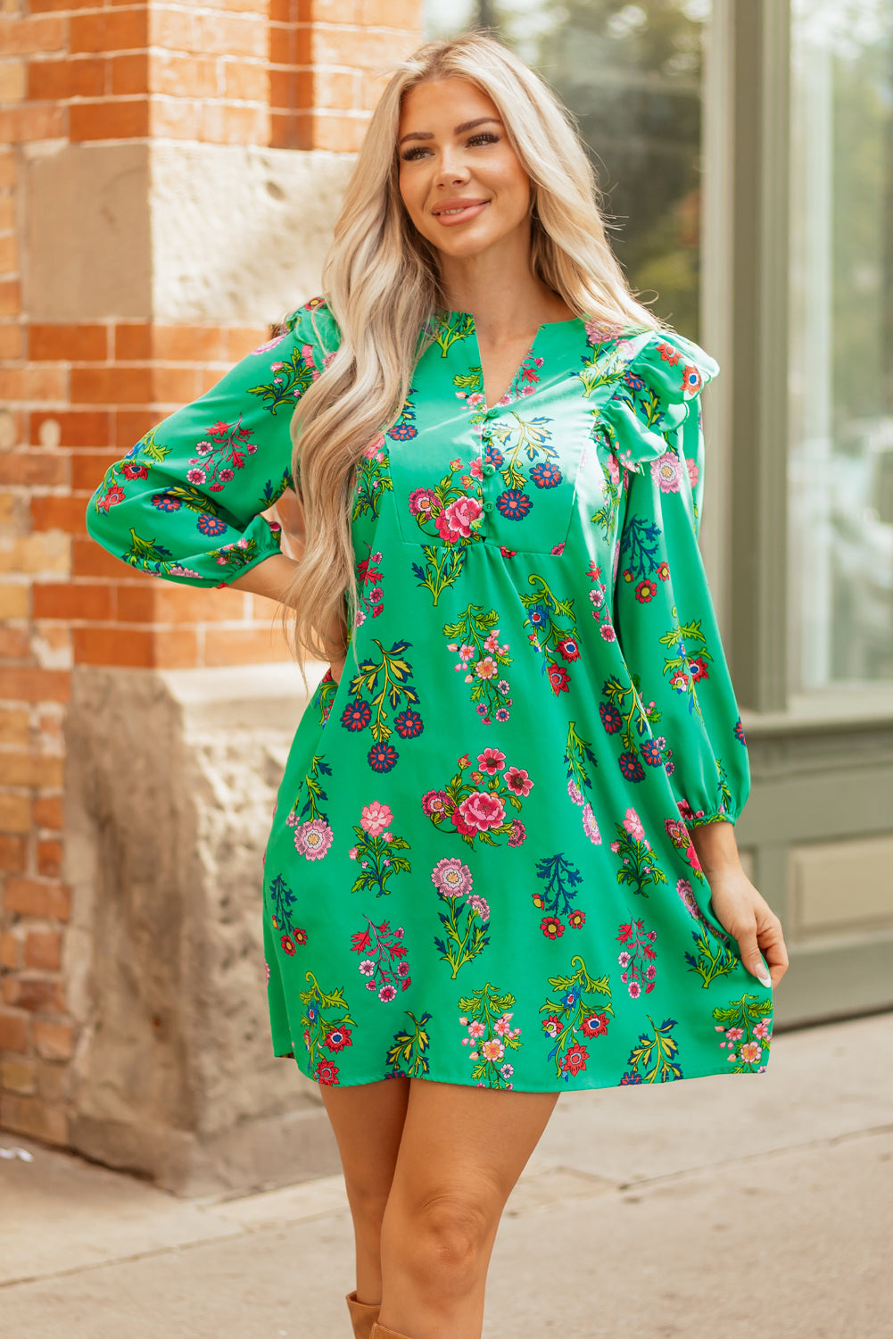 Premium Green Floral Ruffled Three Quarter Sleeve Buttoned Dress Dear-Lover Dropshipping