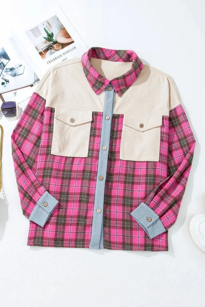 Curvy Chic Plaid Button-Up Long Sleeve Shirt with Collared Neck