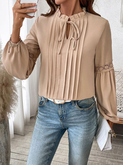 Chic tie neck long sleeve blouse with frill detailing