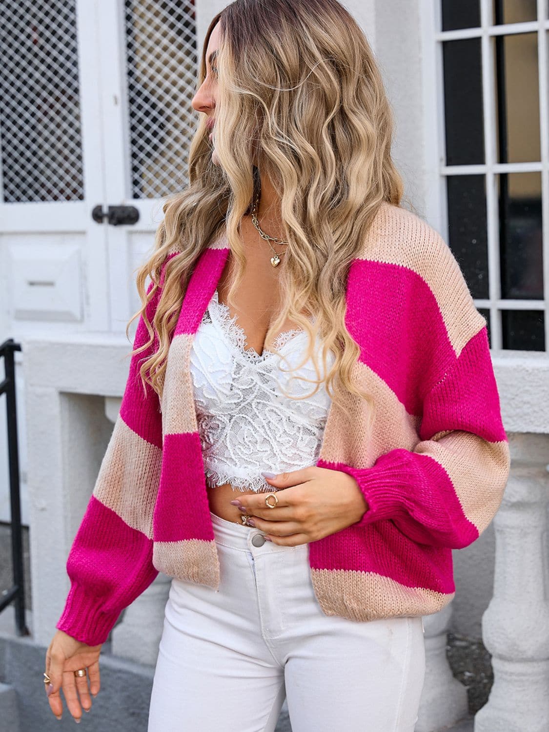 Striped Open Front Dropped Shoulder Cardigan.