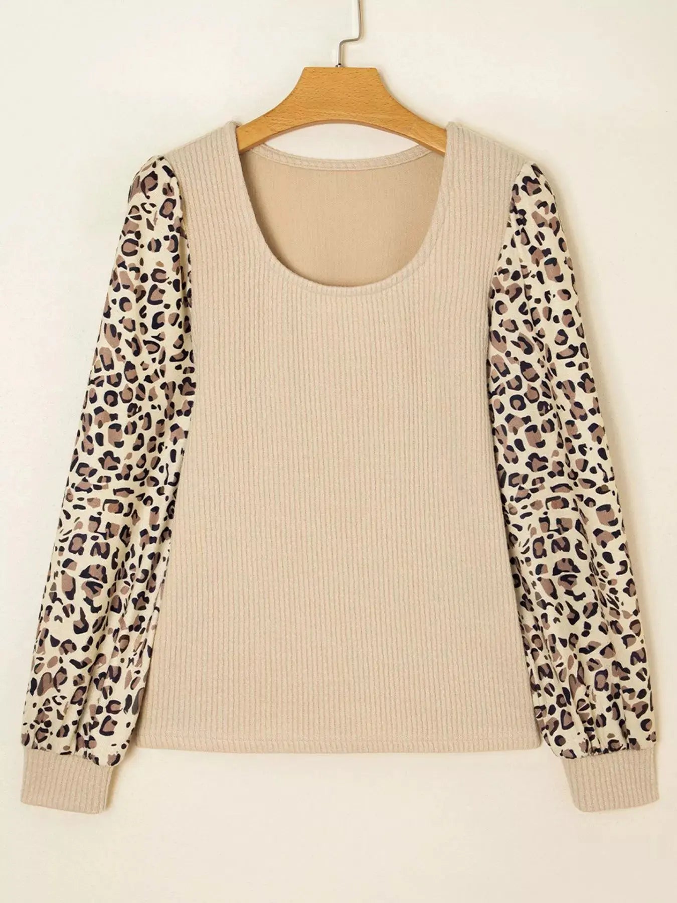 Leopard Sleeve Patchwork Ribbed Knit U Neck Top Simply Love