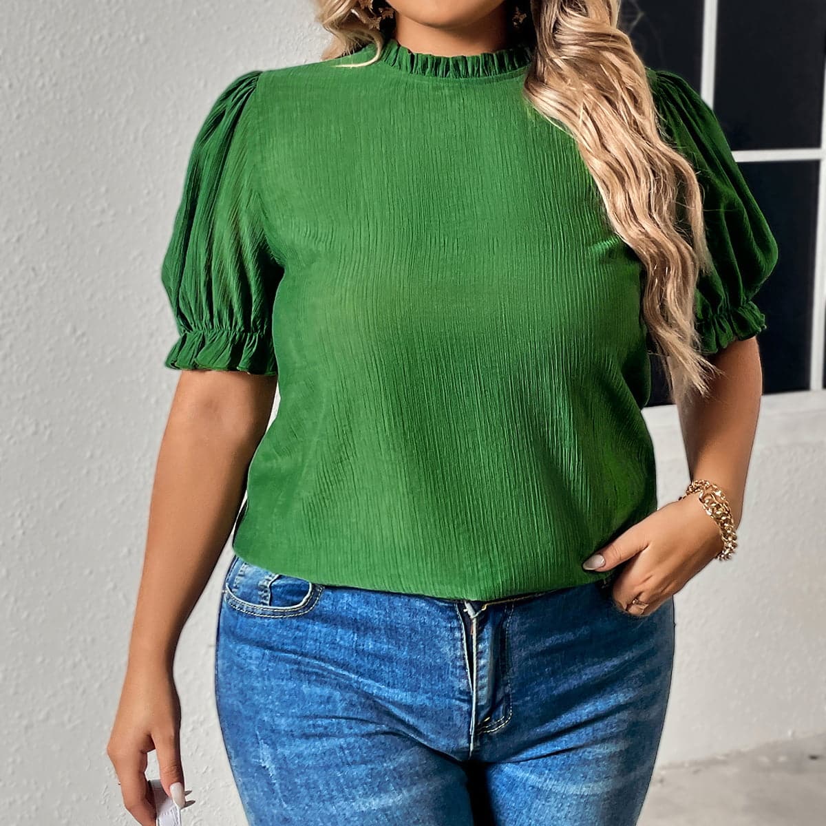 Plus Size Round Neck Flounce Sleeve Blouse.