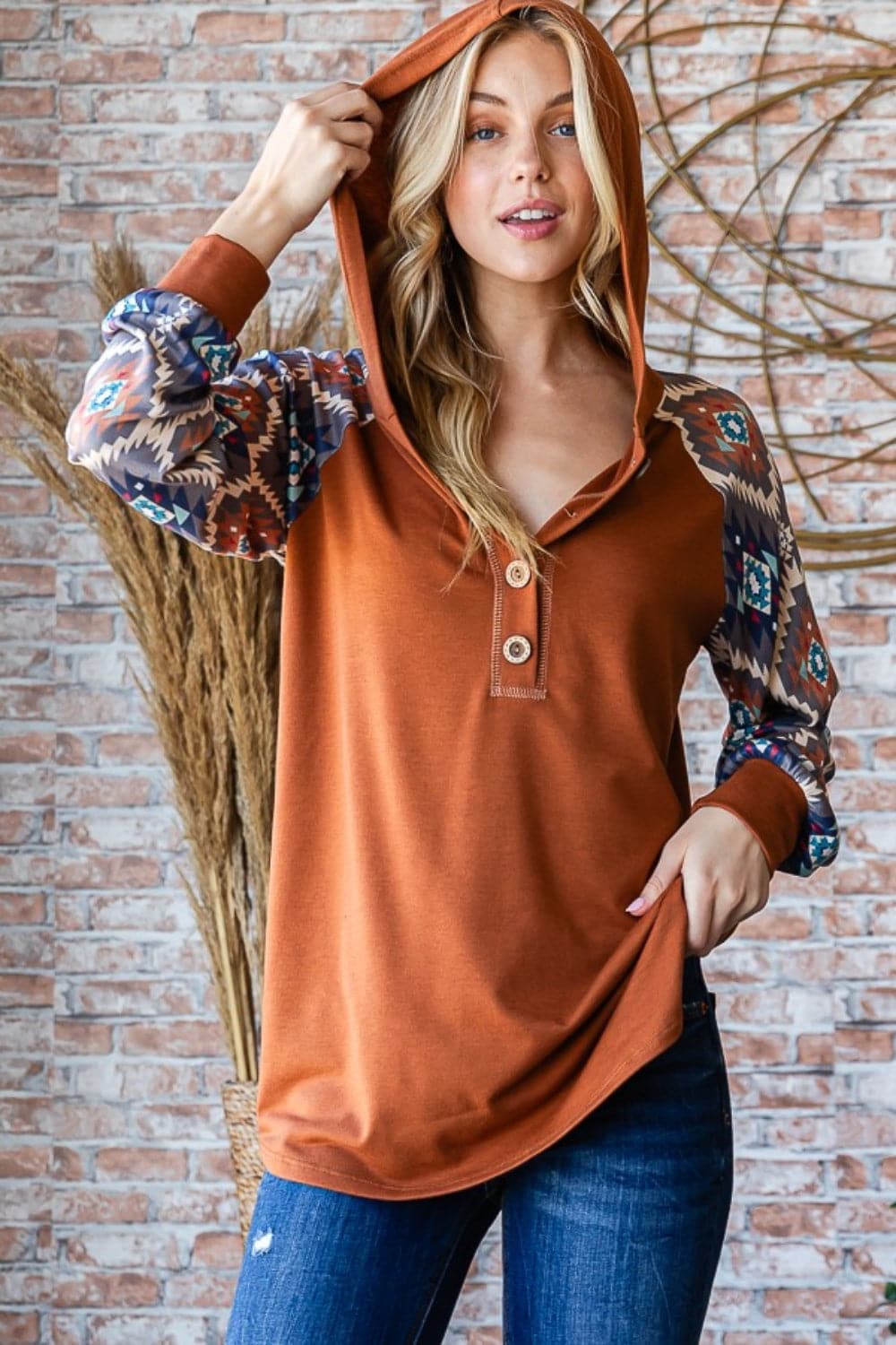 Cozy chic half button hooded long sleeve top with unique print