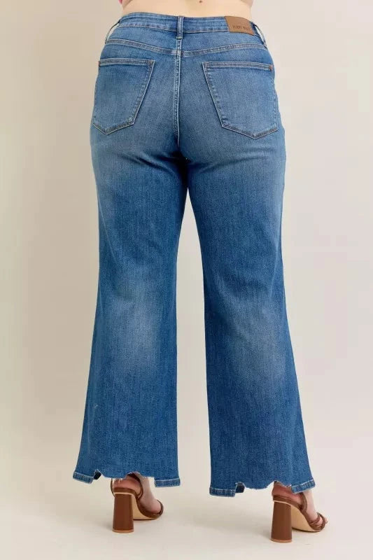 Judy Blue Full Size High Waist Tummy Control Chew Hem Destroy Wide Jeans Plus Size Coco’s Tee Boutique