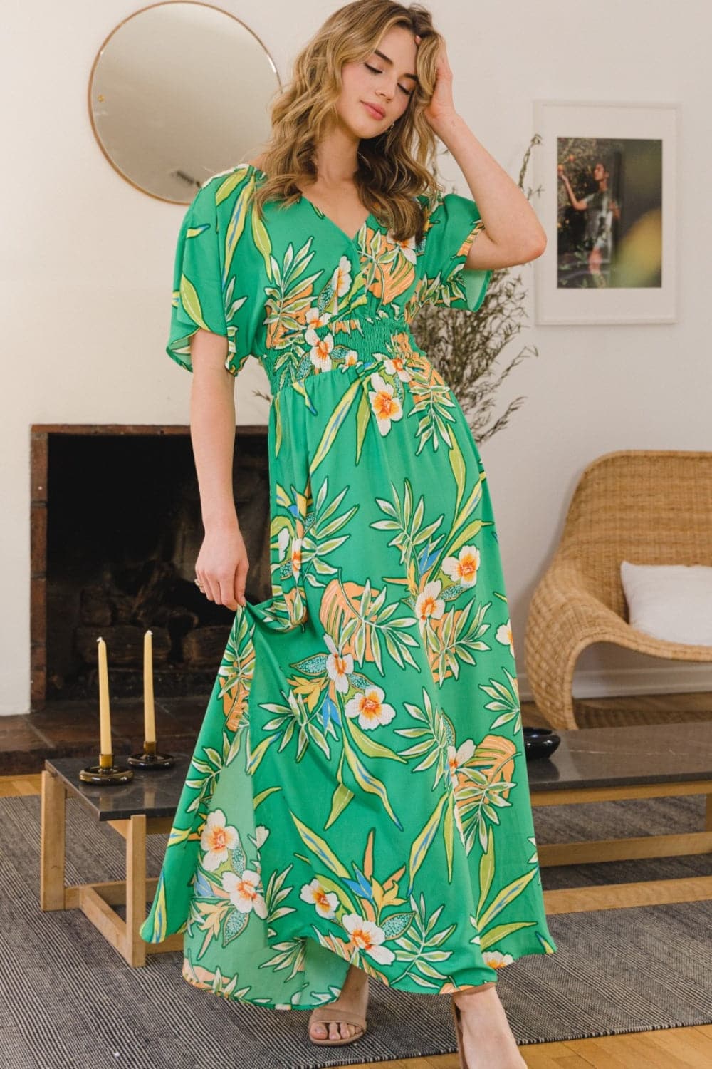 ODDI Full Size Floral Smocked Tied Back Maxi Dress.