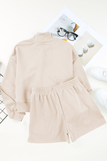 Chic apricot high neck henley top and shorts set