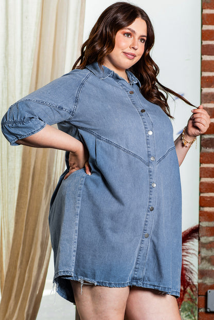 Light blue denim dress with ruffled sleeves and button front in plus sizes