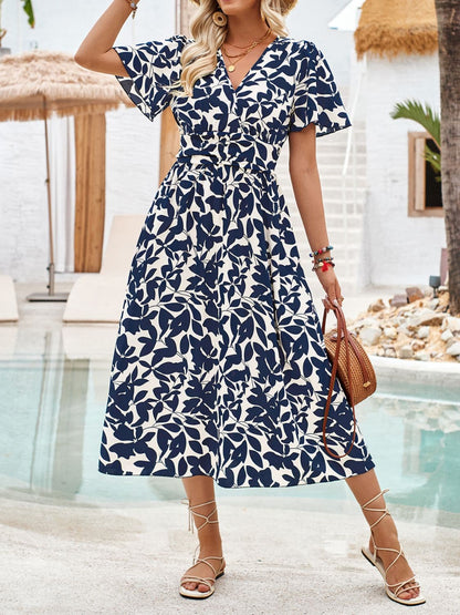 Printed Surplice Short Sleeve Midi Dress.