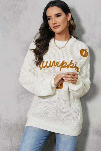 Pumpkin Embroidery Long Sleeve Sweater.